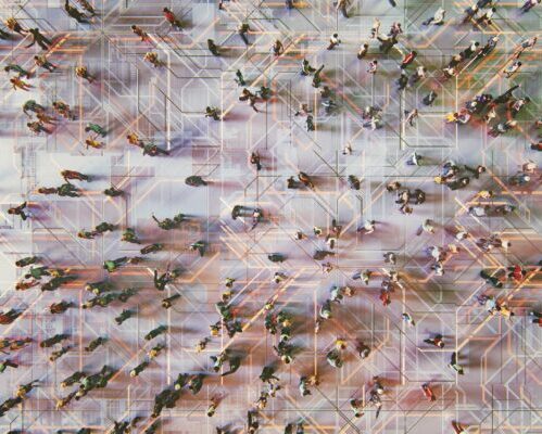 Abstract crowds of people with virtual reality street display